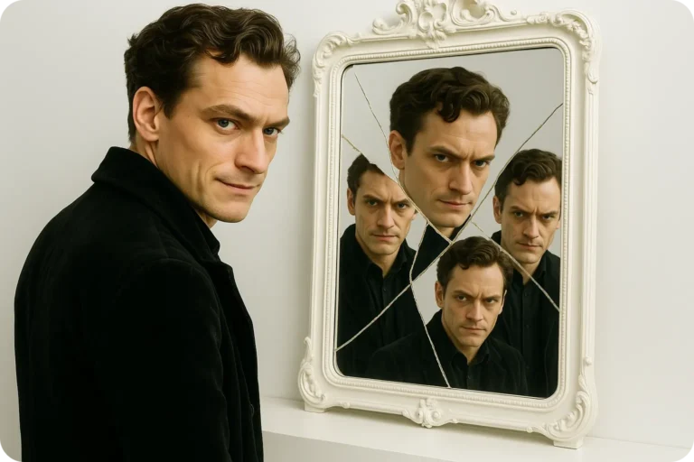 A solitary figure posed before a large, ornate mirror. Their intense gaze and subtle smirk capture an air of self-importance, while fractured reflections reveal multiple layers of their persona. Illustrating the topic: Understanding Narcissistic Traits