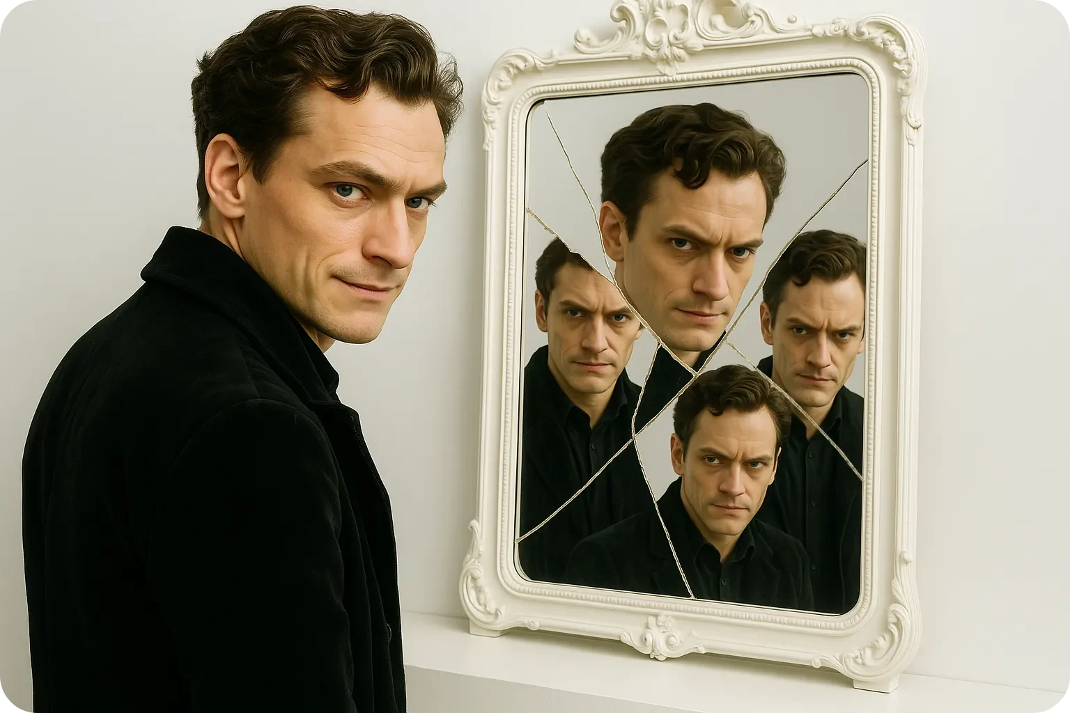 A solitary figure posed before a large, ornate mirror. Their intense gaze and subtle smirk capture an air of self-importance, while fractured reflections reveal multiple layers of their persona. Illustrating the topic: Understanding Narcissistic Traits