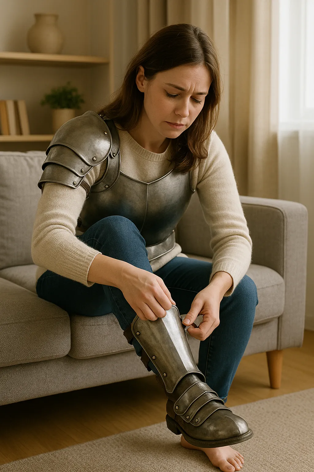 Image displaying the narcissistic trait of lack of empathy. Photograph of a woman sitting on a couch in a softly lit living room, visibly upset with her head in her hands and shoulders slumped forward. Next to her, a man sits relaxed, casually leaning back and smiling slightly as he looks at his phone, completely unaware of or ignoring the woman’s distress.