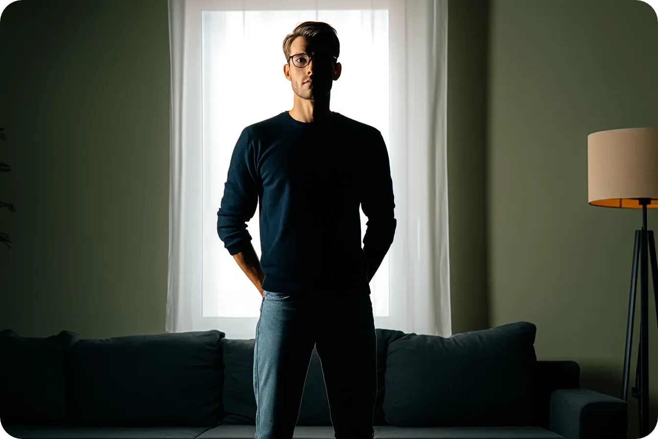 What is Malignant Narcissism. Image of a man standing in his living room and looking at us with a dominant backlight preventing us to see his face.