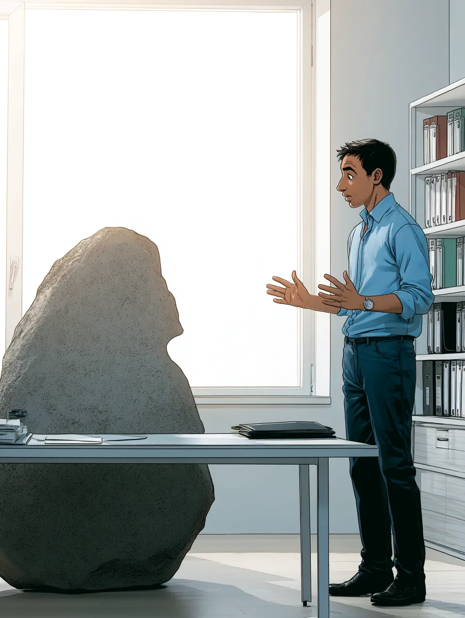 Image displaying the narcissistic trait of grandiosity. Man in a business suit, standing in an office environment, wearing a crown and facing the camera. He appears significantly taller than the three other people in the scene—likely due to standing on a hidden stool—emphasizing a sense of superiority.