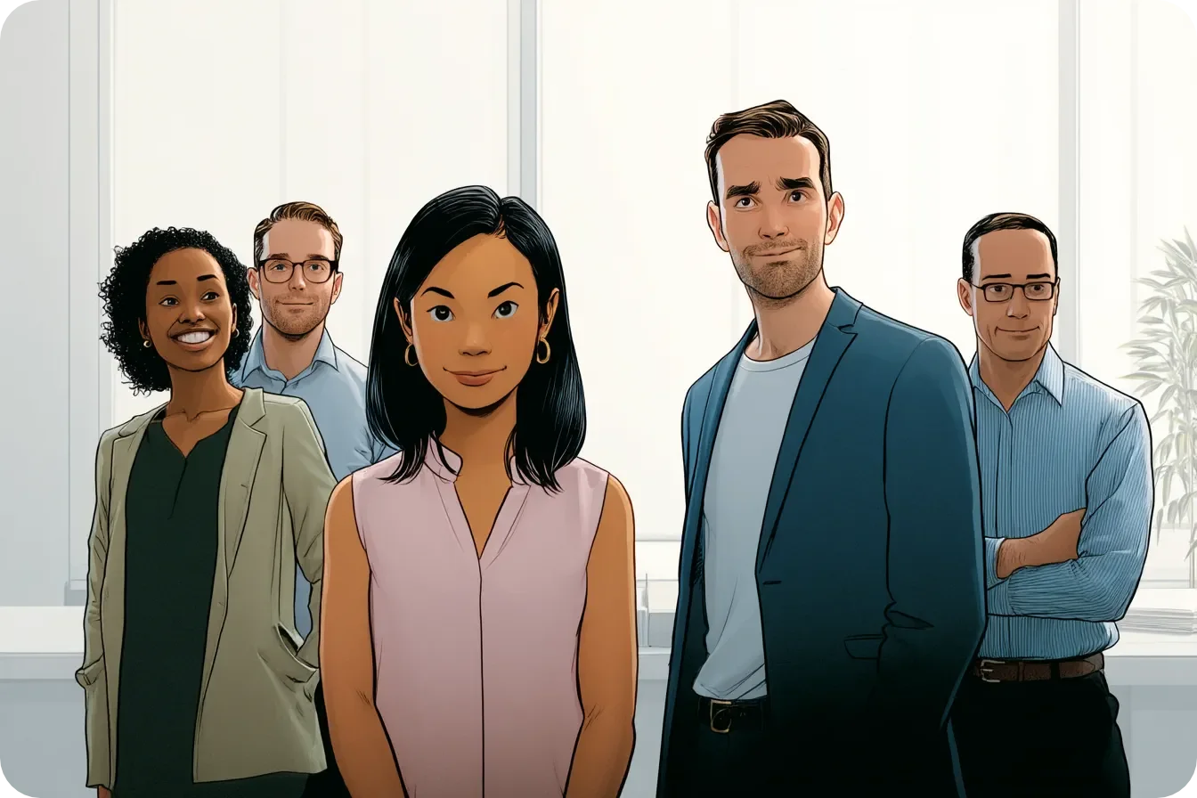 Dealing with a narcissist at work. Illustration of a group of people standing in a office looking at the camera.